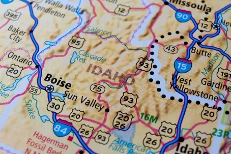 A road map focusing on the state of Idaho, showing major highways, cities like Boise and Sun Valley, and surrounding areas.