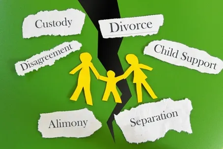A paper cutout of a family separated across a torn line, surrounded by words related to family law like divorce, custody, and alimony.