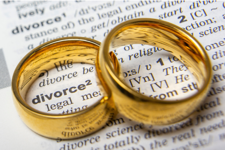 Divorce and separation concept. Two golden wedding rings. Dictionary definition