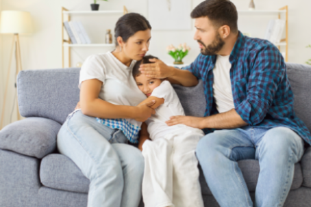 Parents comfort upset stressed child girl in crisis. Mother and father provide steady support and care on sofa, easing stress and anxiety in home interior. Parental support in family crisis.